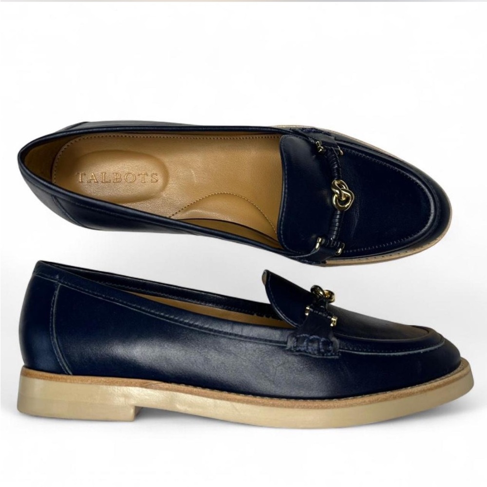 Talbots Leighton Bit Nappa Leather Loafers navy blue gold horsebit size 7.5